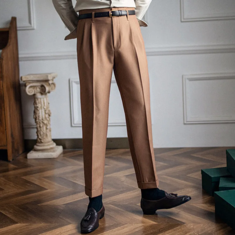 Pantalon droit taille haute pour homme, culotte slim, couleur unie, style britannique, été 2022