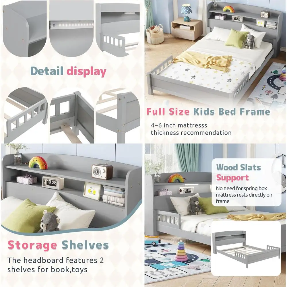 

Деревянная кровать-платформа со светодиодной подсветкой, местом для хранения и съемными бортиками для детей, серая