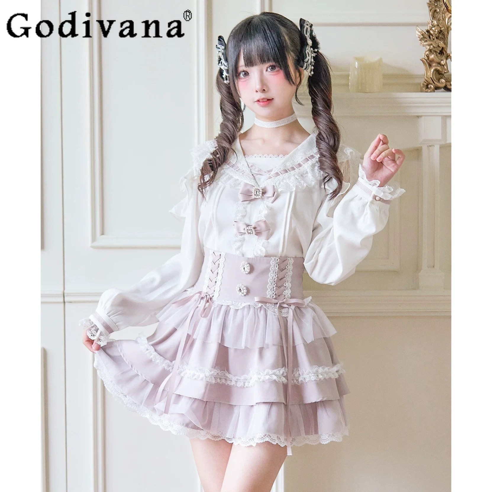 

2026 Spring New Japanese-Style Mass-Produced Outfit Dark Lolita Girl Long-Sleeve Shirt Short Skirt Lace Versatile Two-Piece Set