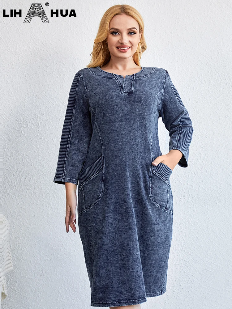 LIH HUA Women's Plus Size Denim Dress Autumn Chic Elegant Dresses For Chubby Women Knitted Cotton Dress