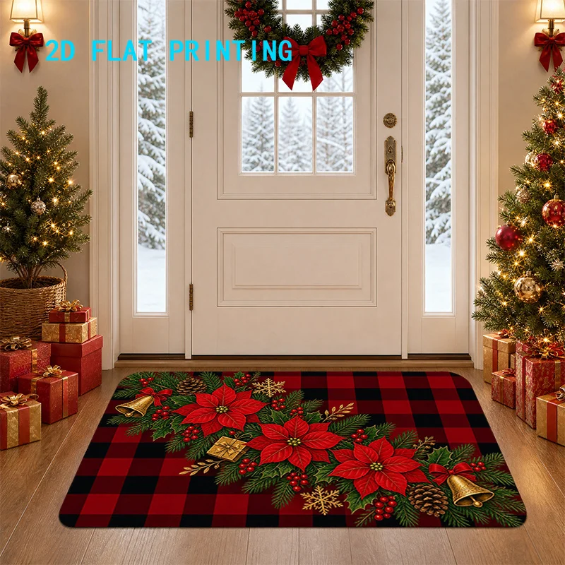 1pc 2D Flat Red‑Black Plaid Poinsettia Christmas Entry Rug, Festive Decor Mat for Home, Outdoor, Entryway and Bedroom ****