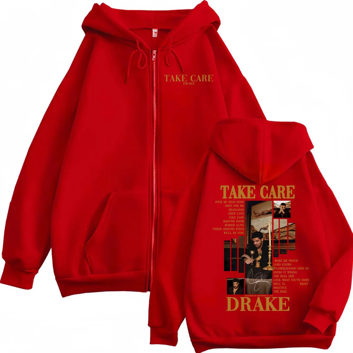 Rapper Drake Take Care Album Merch Zipper Hoodies Hip Hop Vintage Zip Up Hooded Sweatshirts Men Women Casual Fashion Pullovers