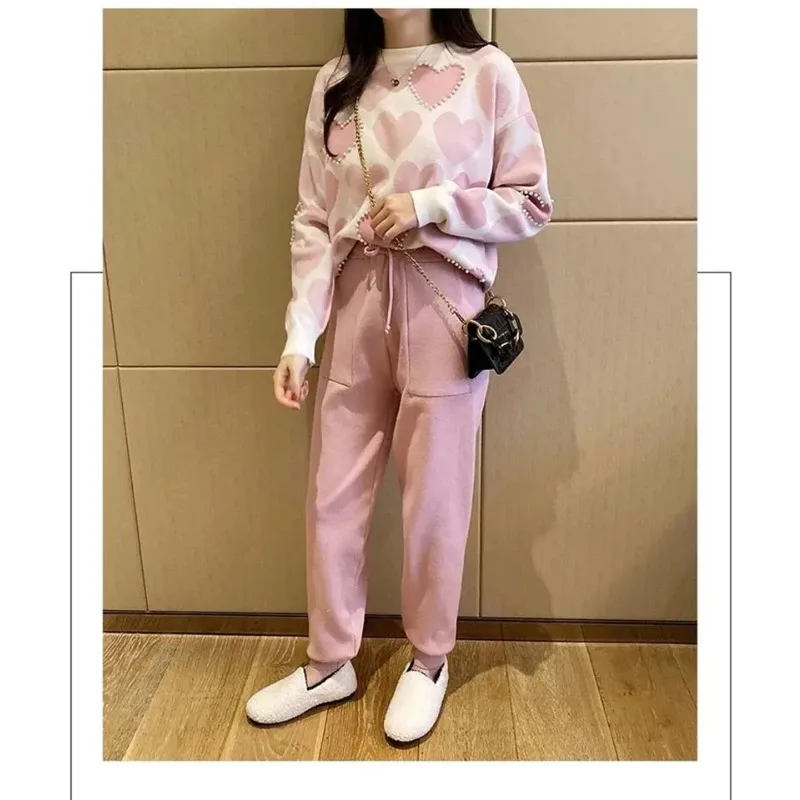

Fashion Love Printed Knitted Two Peice Suit Women Long Sleeve Sweater Tops and Solid Colors Casual Pants Female Suit N550