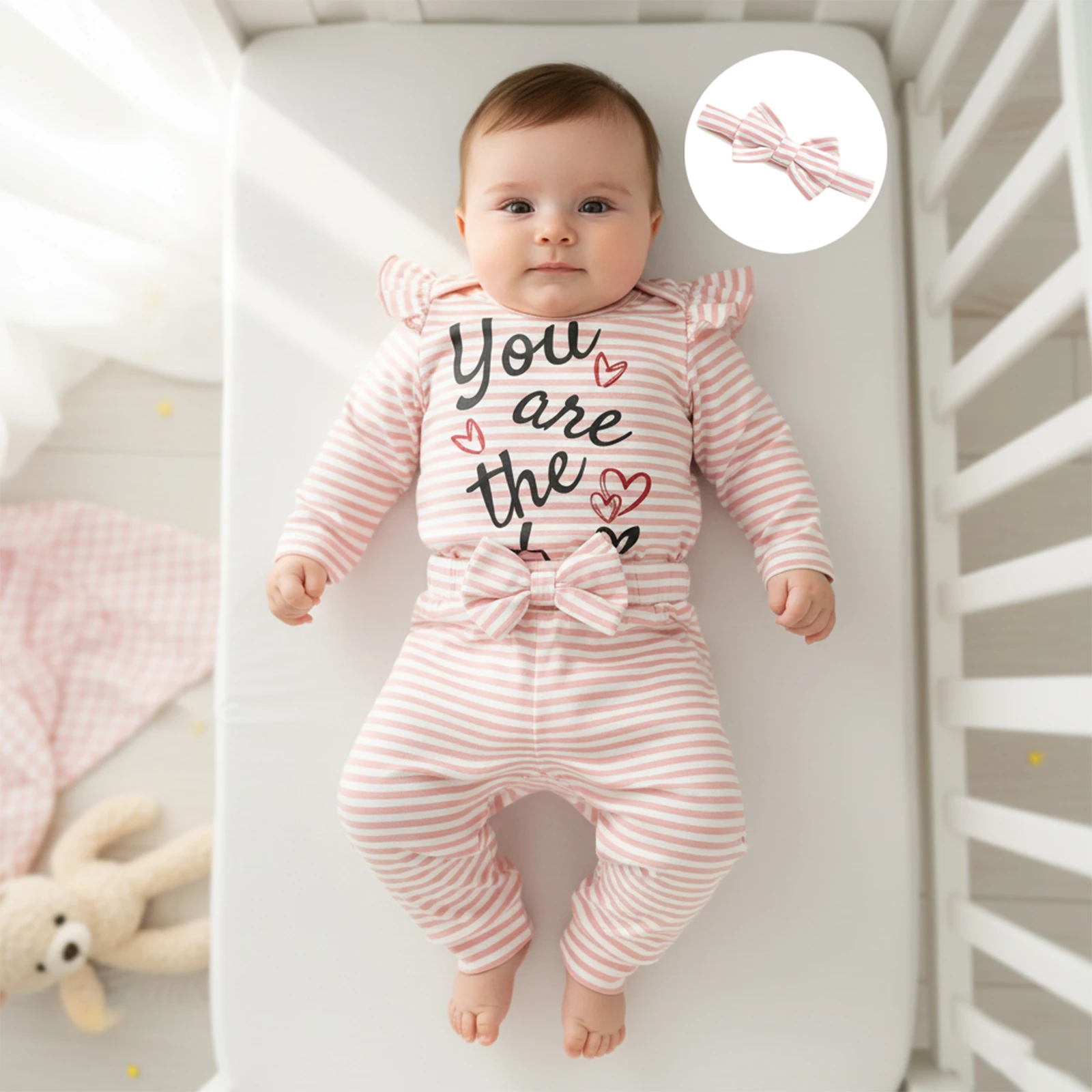 Baby Girls Fall Outfit, Long Sleeve Letters Print Romper with Striped Pants and Bowknot Headband Clothing Set