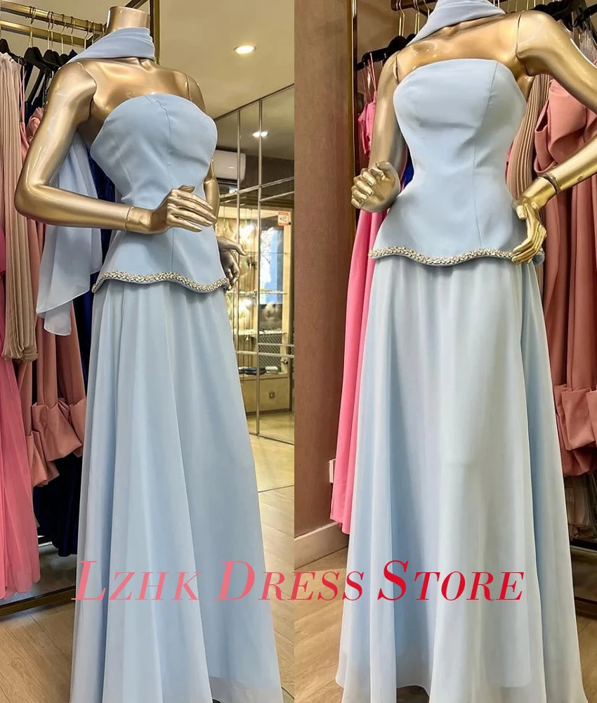 Gaun Malam Pita Kristal A-Line Sifon Anggun Kustom Gaun Prom Tanpa Tali Panjang Selantai Tanpa Lengan Temperamen