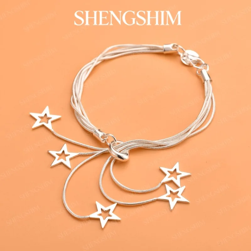 SHENGSHIM 925 Sterling Silver Adjustable Multi Strand Snake Chain Star Pendant Bracelet For Women Fashion Jewelry Party Gift
