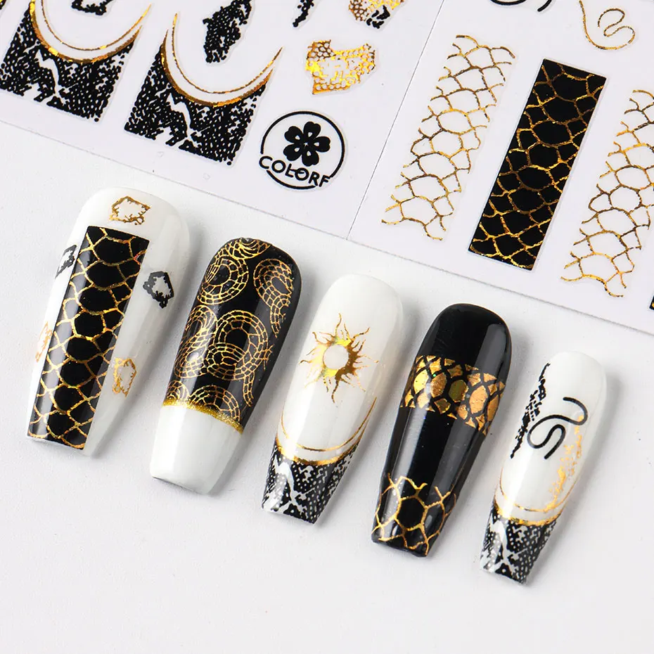 สติกเกอร์ตกแต่งเล็บลายงูสีทองดำ 7 ชิ้น สติกเกอร์เล็บลายสัตว์พิมพ์ลายทอง 3 มิติ สไตล์ Y2K ลายดวงอาทิตย์ ดาว เรขาคณิต สไตล์ญี่ปุ่น