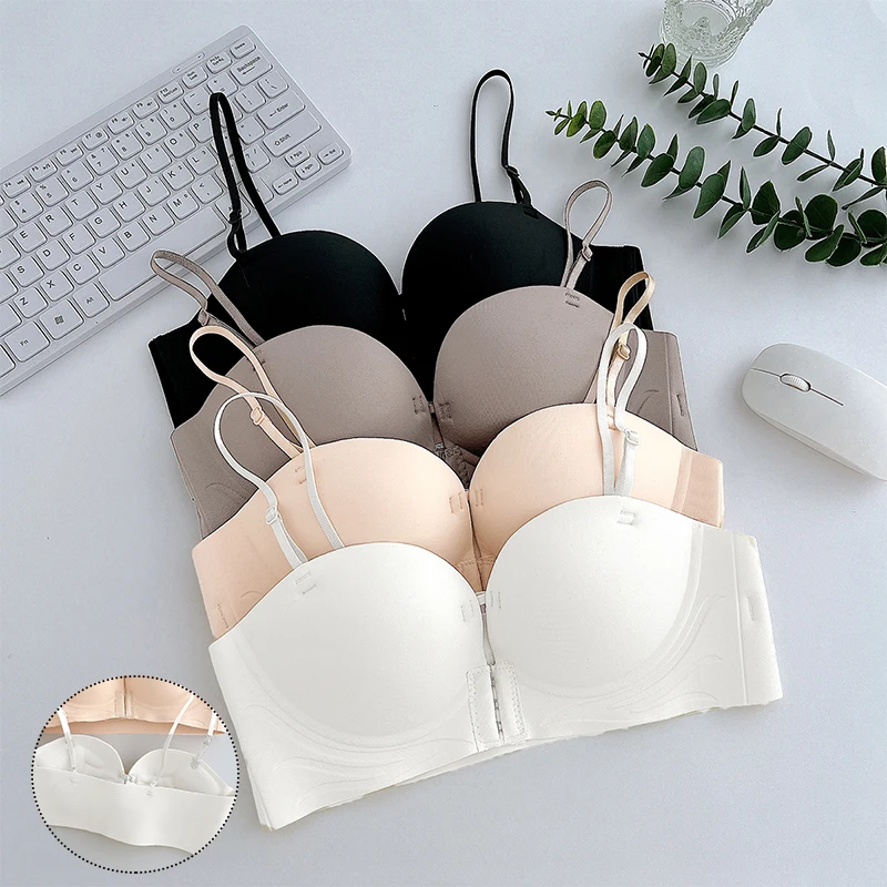 FINETOO-sujetadores push-up con cierre frontal, ropa interior Sexy sin costuras con escote pronunciado, sin acero, ropa interior femenina gruesa, lencería Invisible de Color sólido