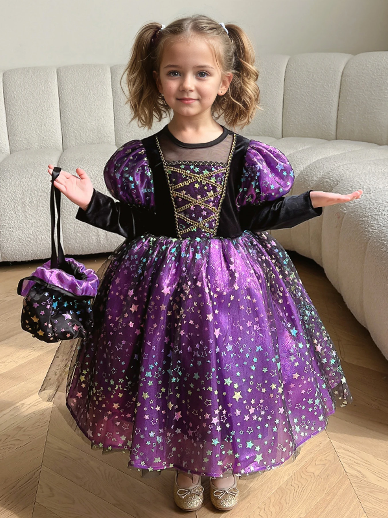 

Girls' Long sleeve Dress Puff Sleeve Star Printed Tulle Matching Purse for Summer & Autumn Halloween/Christmas Parties