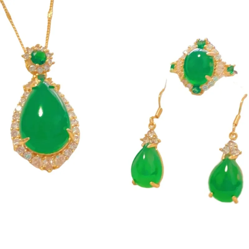 

Jade inlaid Internet celebrity explosion three-piece box jewelry emperor green chalcedony pendant jewelry earrings