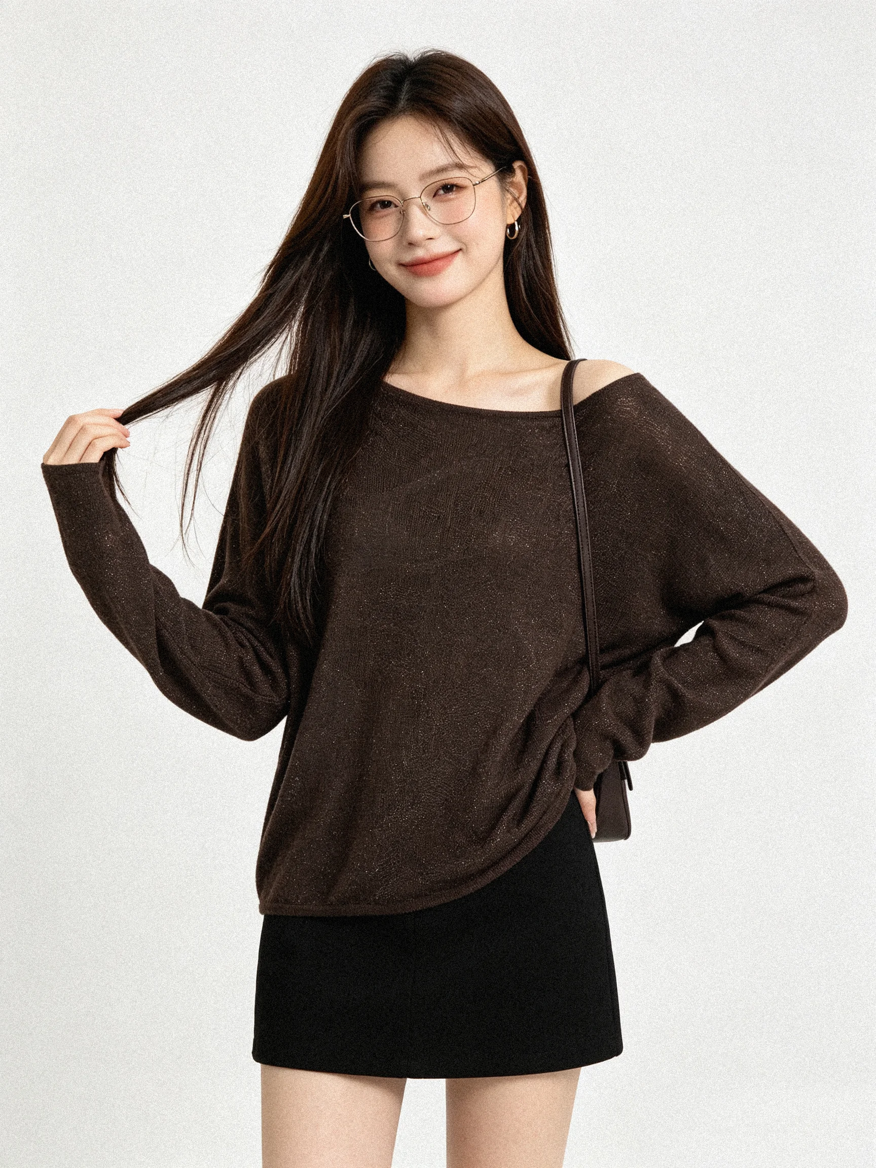 Early Autumn High-End Light Maturity Korean Style Loose Knitted Slope Shoulder Long Sleeve Texture Design Base Top Women's T-...
