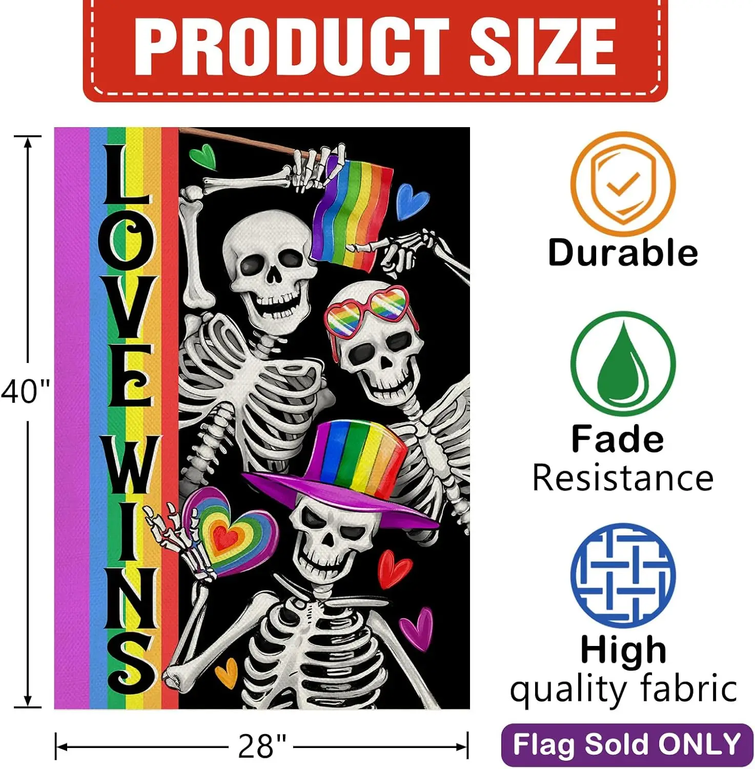 Pride Love Wins Rainbow Gothic Skeleton 12X18in House Flag Double