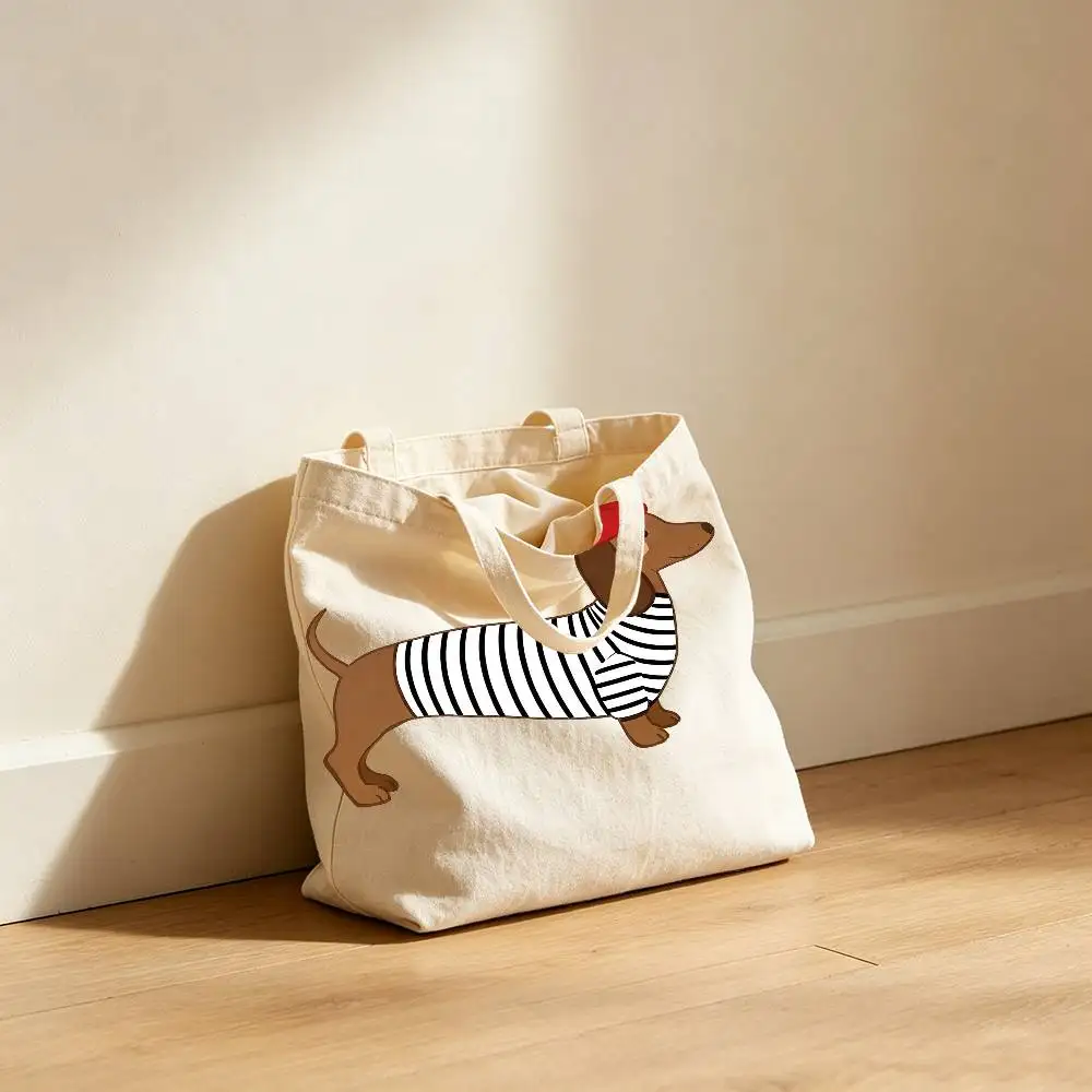 Cute Dachshund Canvas Tote Bag Waterproof Lining Large Capacity Reusable Shopping Bags Casual Student Daily Handbag