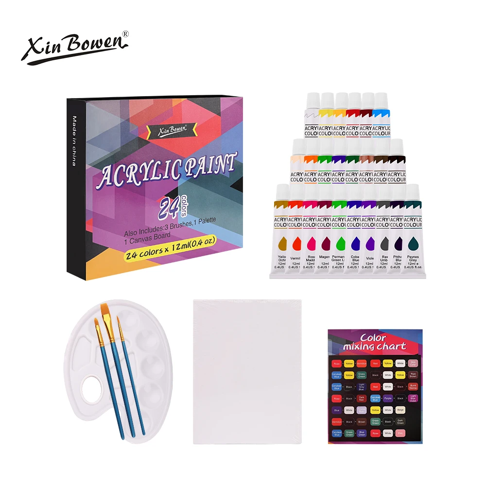 24 Colors Acrylic Paint Set with Paper & Palette Complete Artist Gift Kit