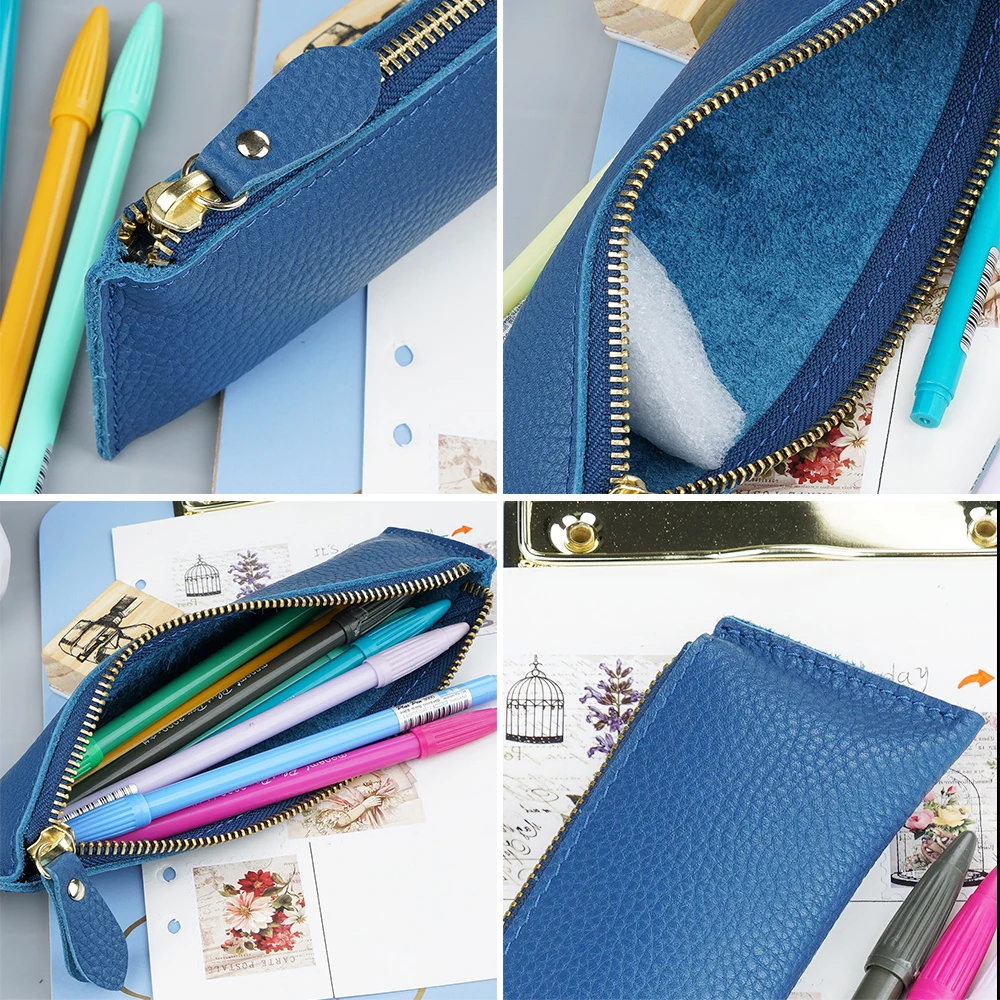 AIGUONIU جلد طبيعي سستة القلم مقلمة حقيبة الليتشي تنقش الجلود الإبداعية المدرسة القرطاسية مقلمة جلدية