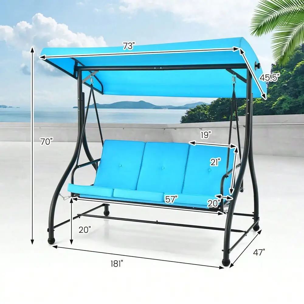 3-Seat Outdoor Converting Patio Swing Glider Adjustable Canopy Porch Swing Blue