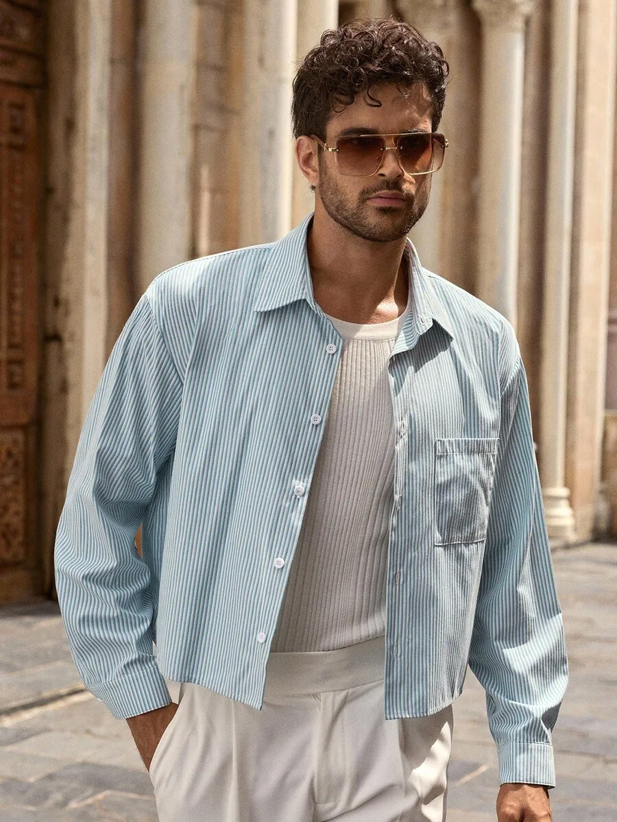 

Men's Loose Fit Striped Woven Oversized Shirt with Drop Shoulder, Casual Summer Fall Wear