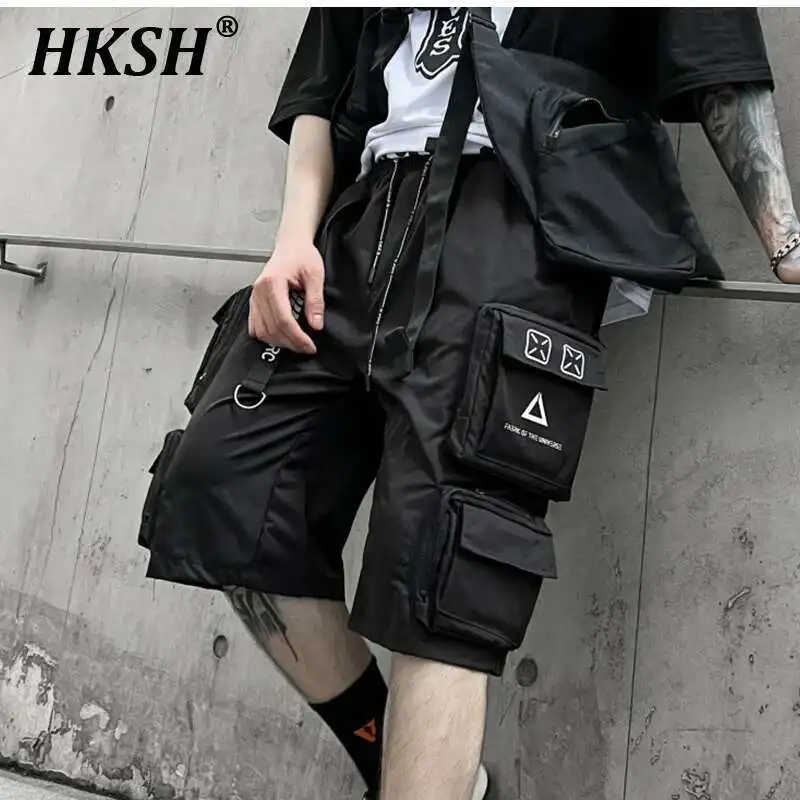 HKSH Spring Summer New Men's Tide Dark Functional Multi Pocket Work Shorts Loose Straight Split Trendy Sports Cargo Pants HK0372