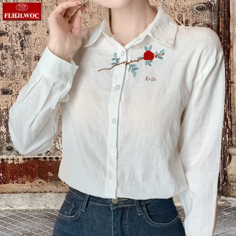 

Cute Cotton White Red Flower Embroidery Tops Blouses New 2025 Women Chic Korea Japan Girls Preppy Style Basic Shirts