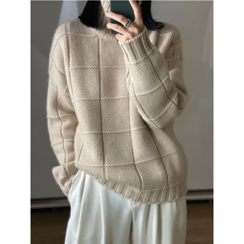 High-neck Thick Cashmere Sweater Women Loose Korean Style Lazy Autumn Winter New Wool Knitted Sweater Turtleneck Pullover Female