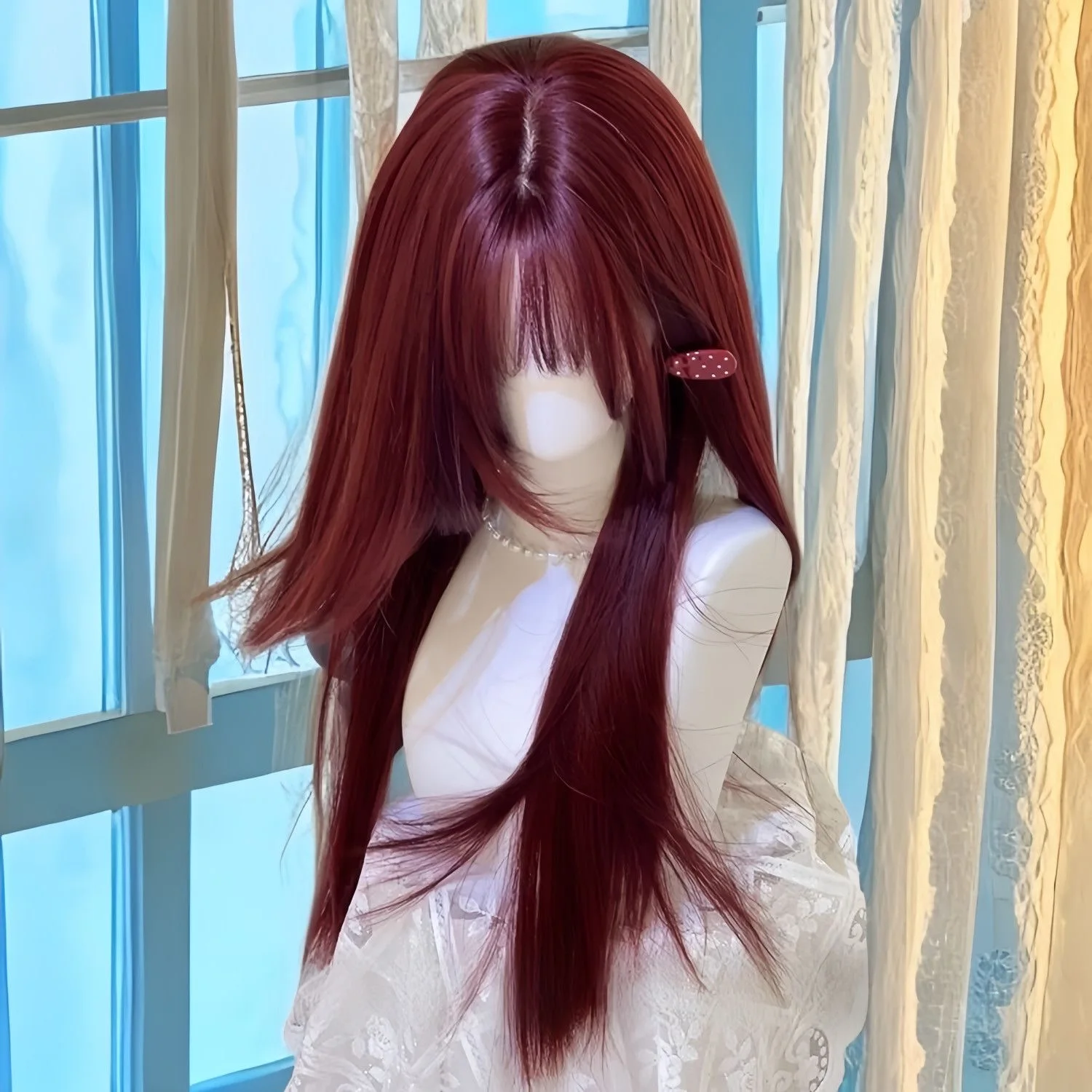 Rote Perücke, langes Haar, künstliches simuliertes Haar, Anime-Spielzubehör, Cosplay, Kopfbedeckung, glattes Haar, Foto-Show-Requisiten