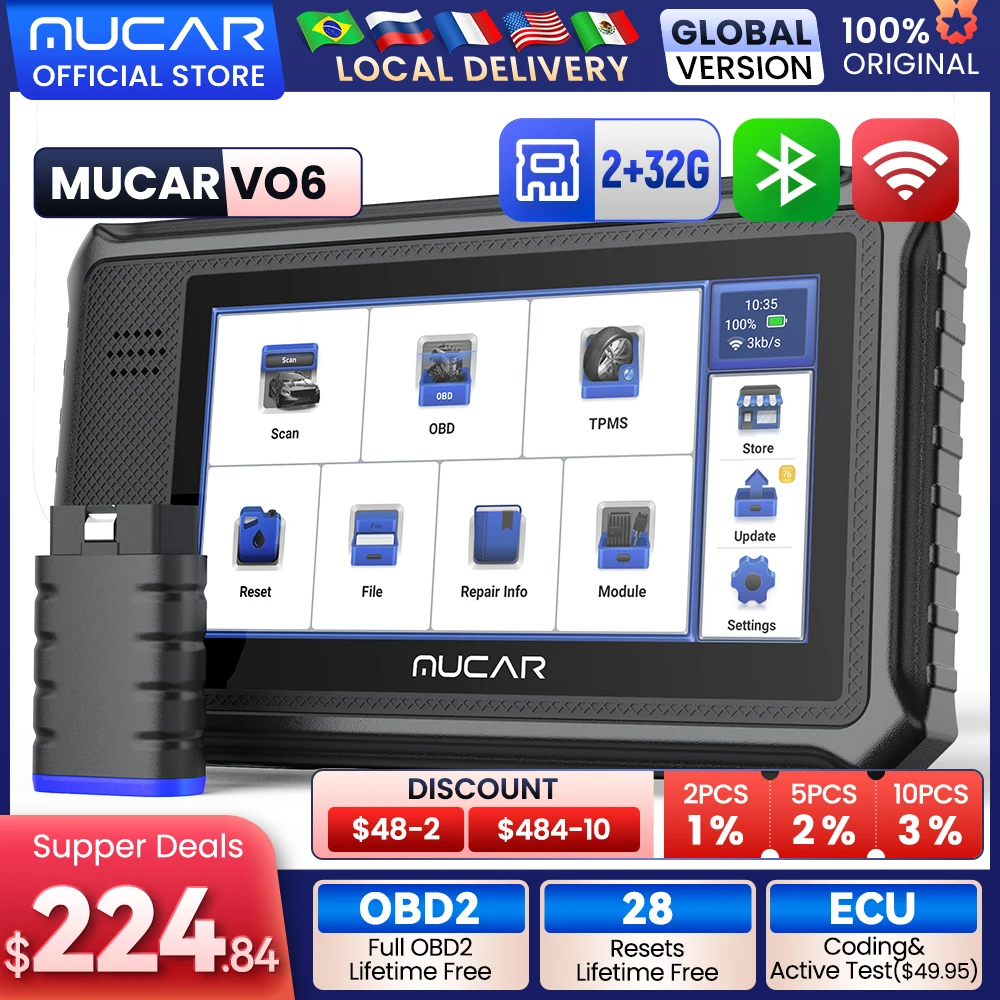 MUCAR VO6 Auto-Diagnosetools, lebenslang, kostenlose globale Version, komplettes System, 28 Resets, Obd2, aktives Test-Scan-Tool, Obd 2, Auto-Scanner