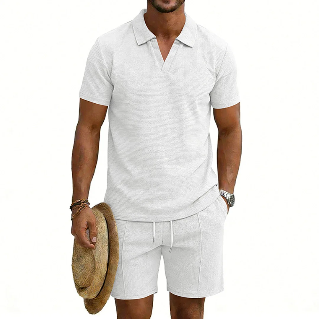

Cross-border Amazon Summer Men's Loose Waffle Simple American Seagull Neck POLO Short Sleeve Shorts Set