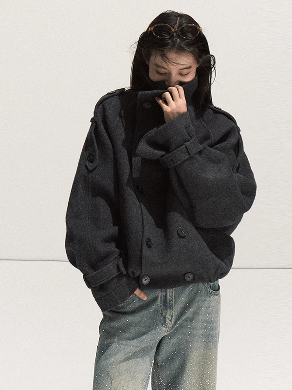Deep Grey Stand Collar Woolen Coat Women's Winter Fashion Korean Style Short Size Small Sheepskin Woolen Jacket Coat