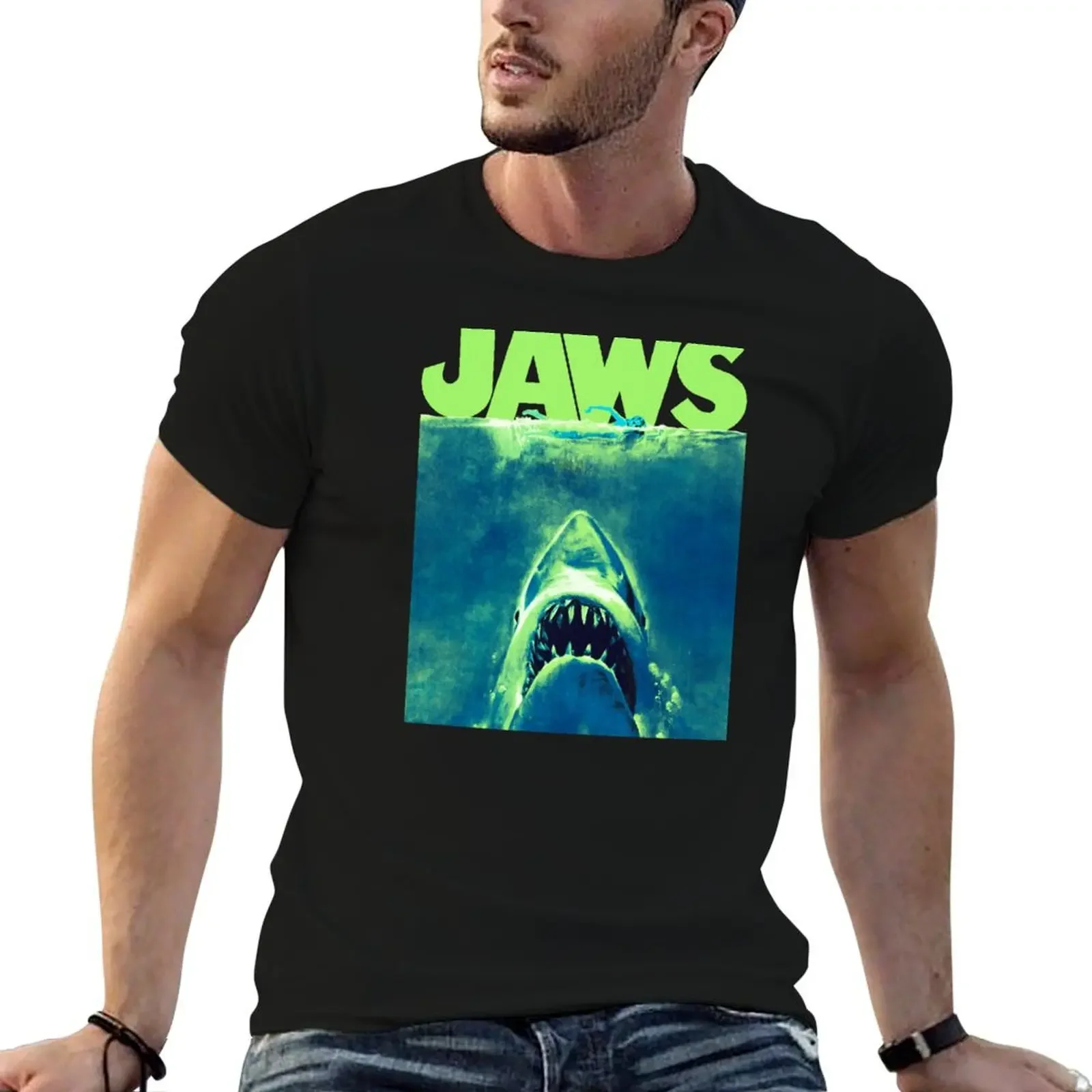 

Jaws Surfacing Neon Poster Logo T-Shirt tops hippie clothes blacks graphic t shirt vintage designer t shirt men