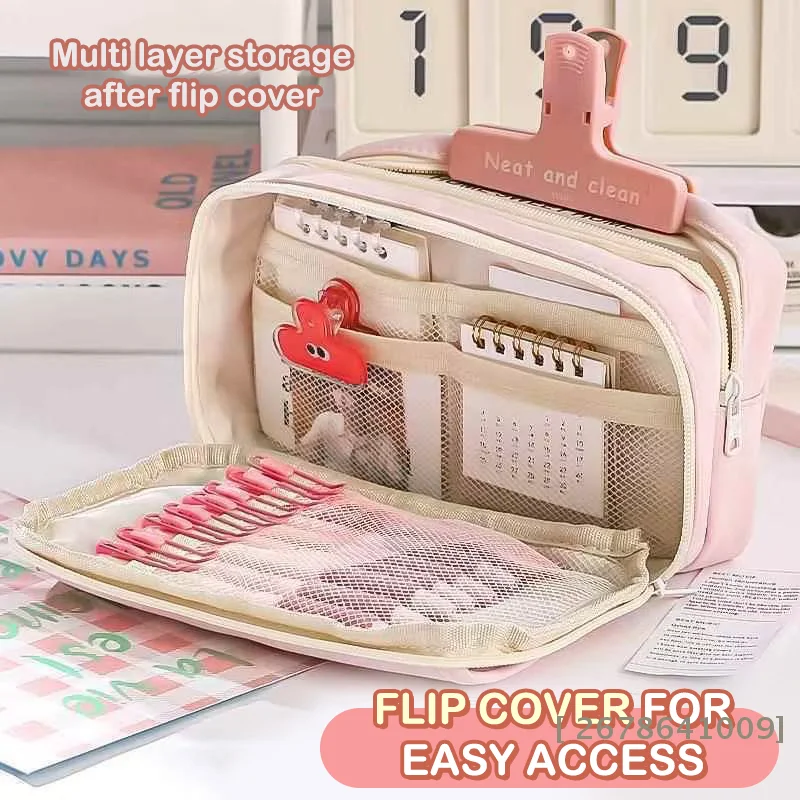 ♥Multi-Functional Stationery Organizer – Flip Cover Pencil Bag with Mesh Pockets for School & Office|〔YY33〕