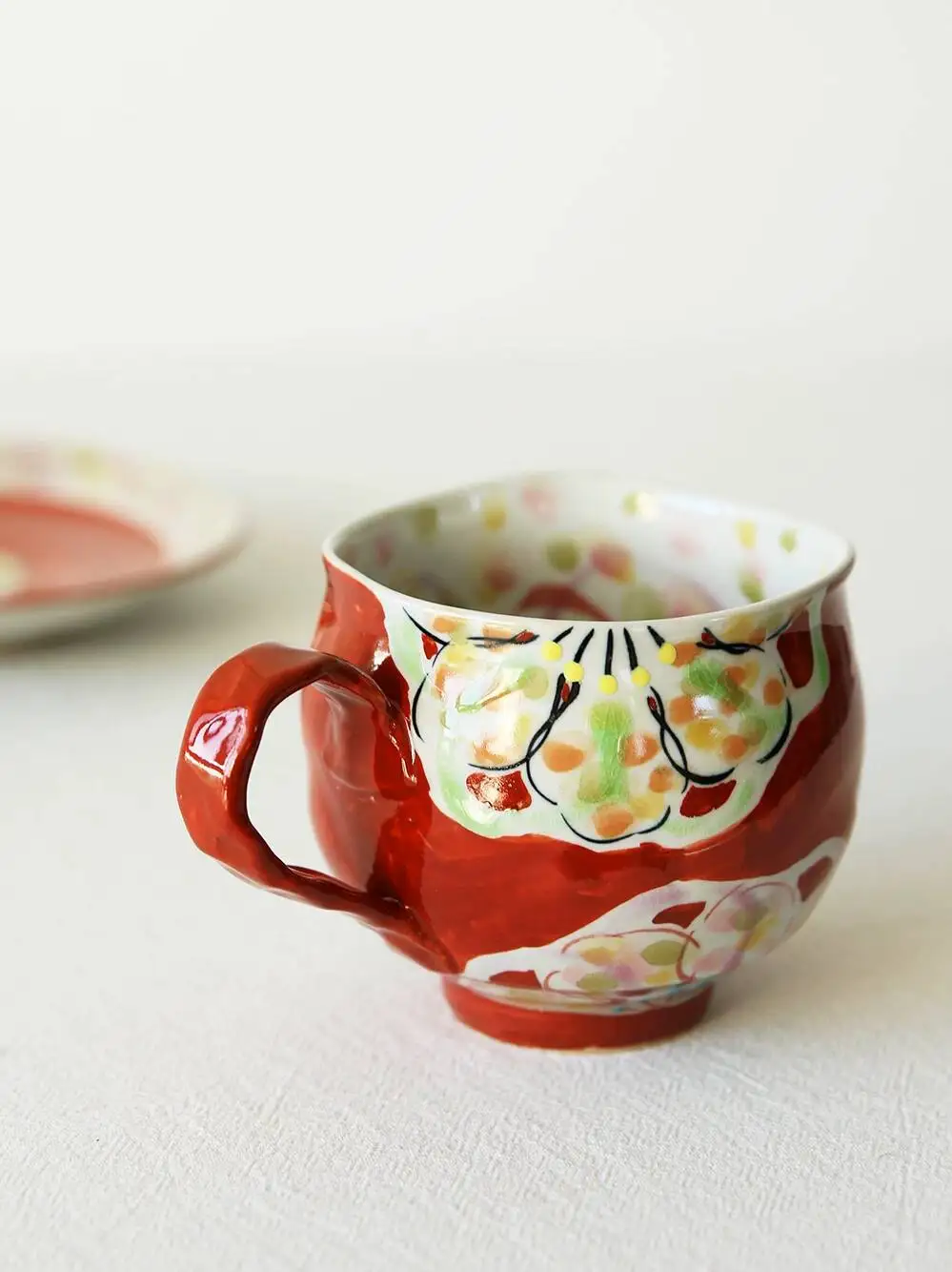 In Stock Japanese Imported Kutani Ware Kōkōzan Kiln Red-Painted Floral Coffee Tea Handmade Rustic Pottery Cup And Saucer