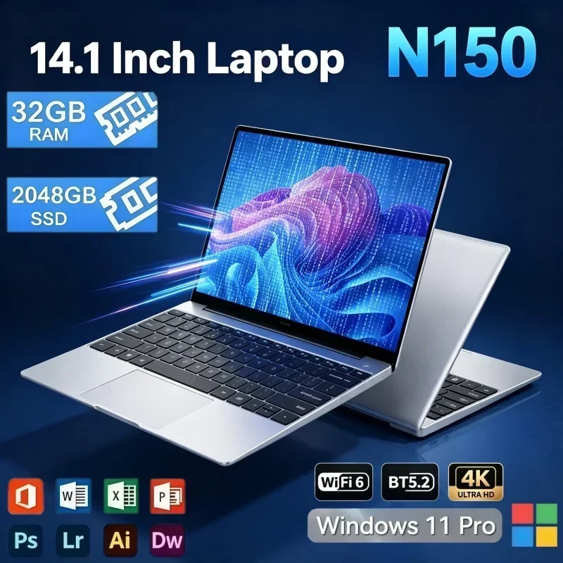 Intel N150 14.1 Inch Laptop Lightweight 2TB SSD Large Storage Portable 32GB RAM Windows 11 Office