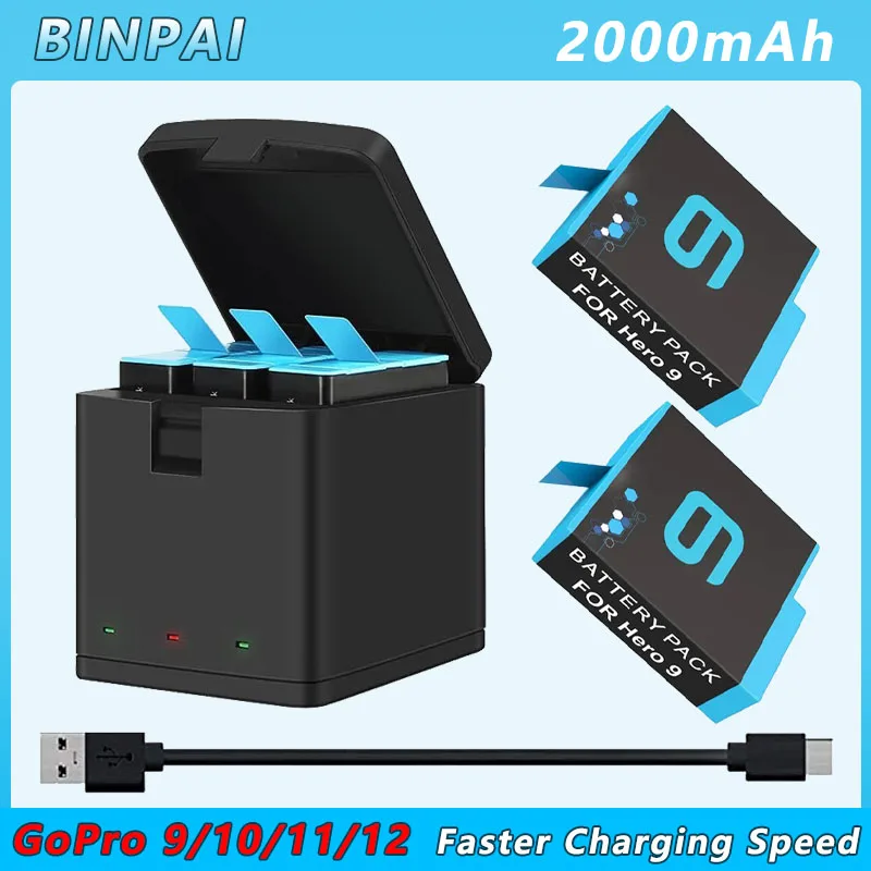 

BINPAI 2000mAh batteries and Type-C fast charger For GoPro Hero 9 GoPro Hero 10 Hero 11 GoPro Hero 12 black action camera