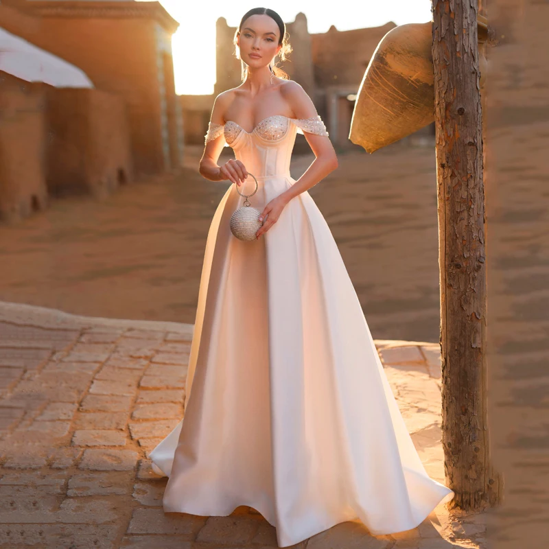 

Eightree White A-Line Wedding Dresses 2023 Sweetheart Sequines Dress Boho Satin Princess Wedding Evening Prom Gowns Custom Size