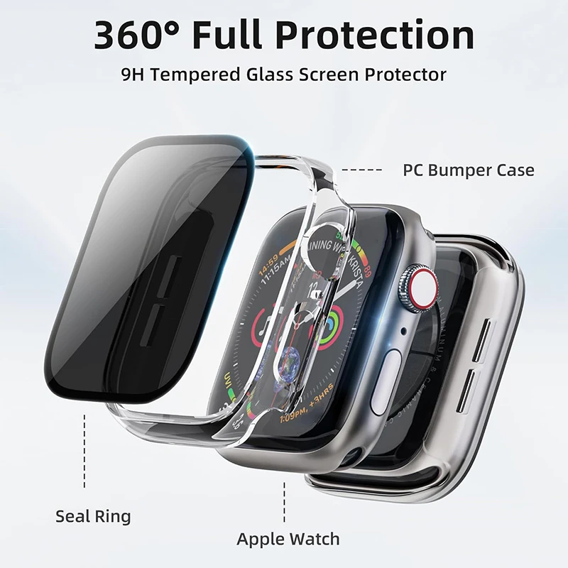 Privacy Glass+Case For Apple Watch 42mm 45mm 41mm 44mm 40mm 49mm Tempered Anti-Peeping Screen Protector For iWatch 9 8 7 6 5 SE