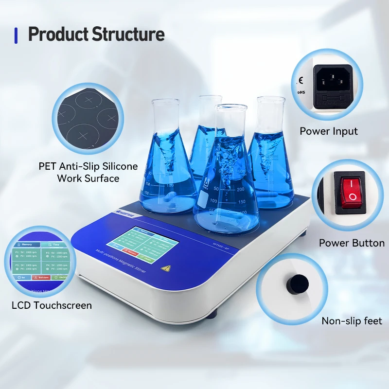 WESTTUNE Multiple Magnetic Stirrer Digital Display Lab Stirrer Magnetic Mixer 50-1500RPM 4/6-Position Thermostatic Stirrer