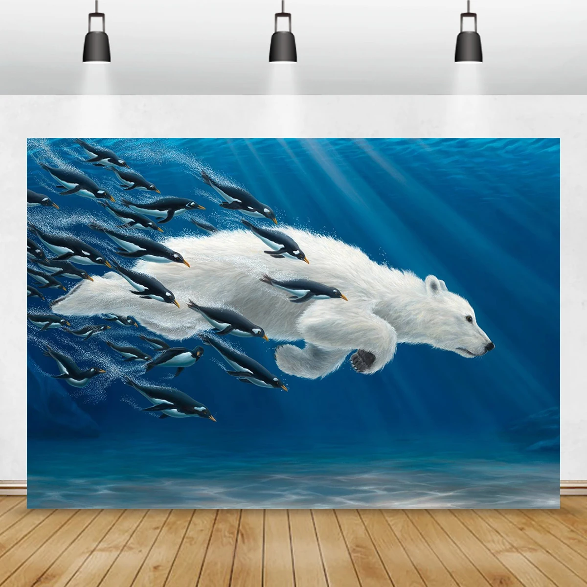 

White Bear Swimming With Penguin Antarctica Backdrop Birthday Photography Animal Room Wall Banner Decoration Background Party