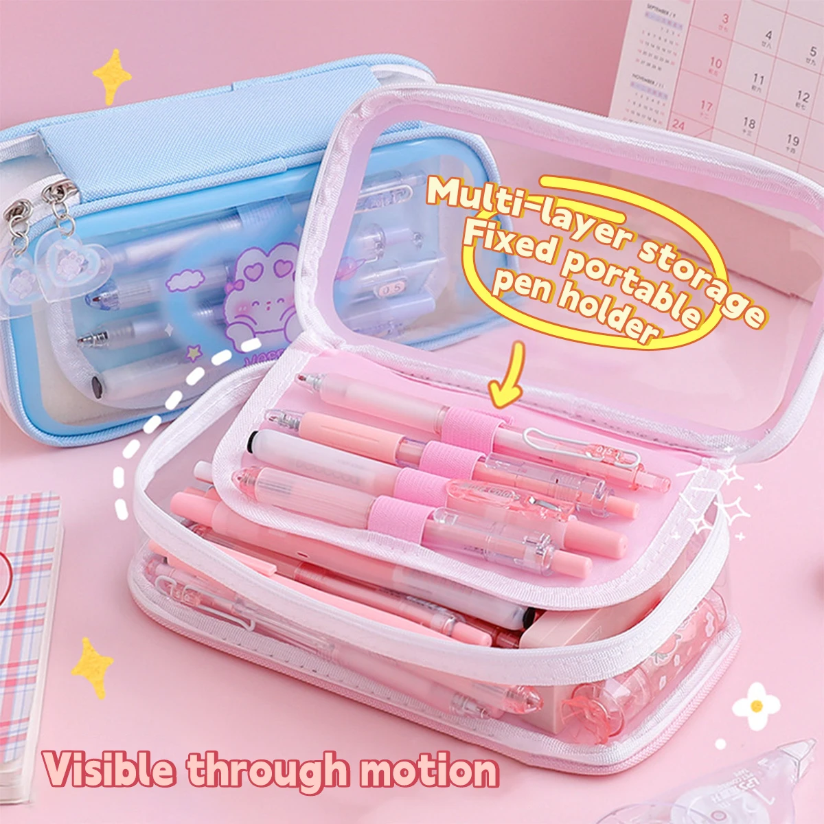 Large Capacity Pencil Case Transparent Organizer Pen Box Korean Pouch for girls Kawaii Stationery Supplies Accessories