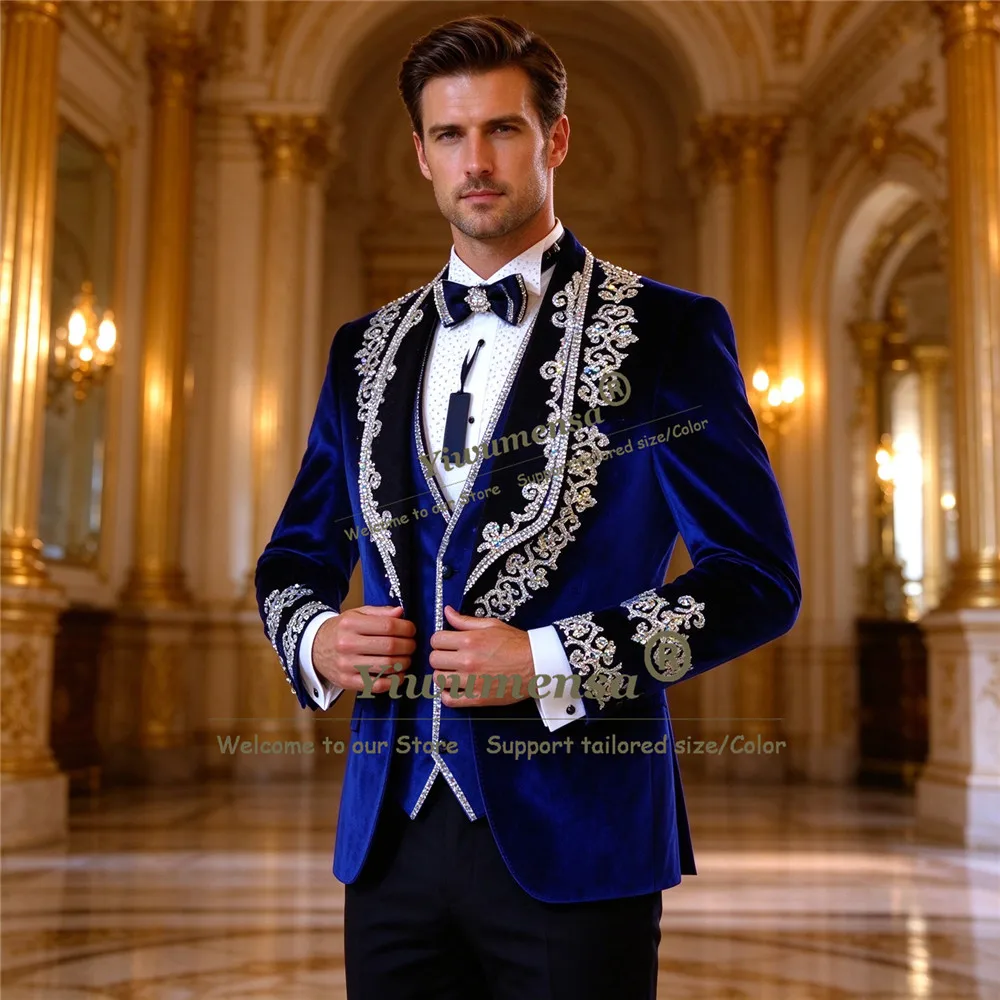Bead Work Beaded Stones Groom Tuxedo For Wedding Royal Blue Shawl Lapel Jacket Vest Pants 3 Pieces Sets Man Banquet Outfit 2027