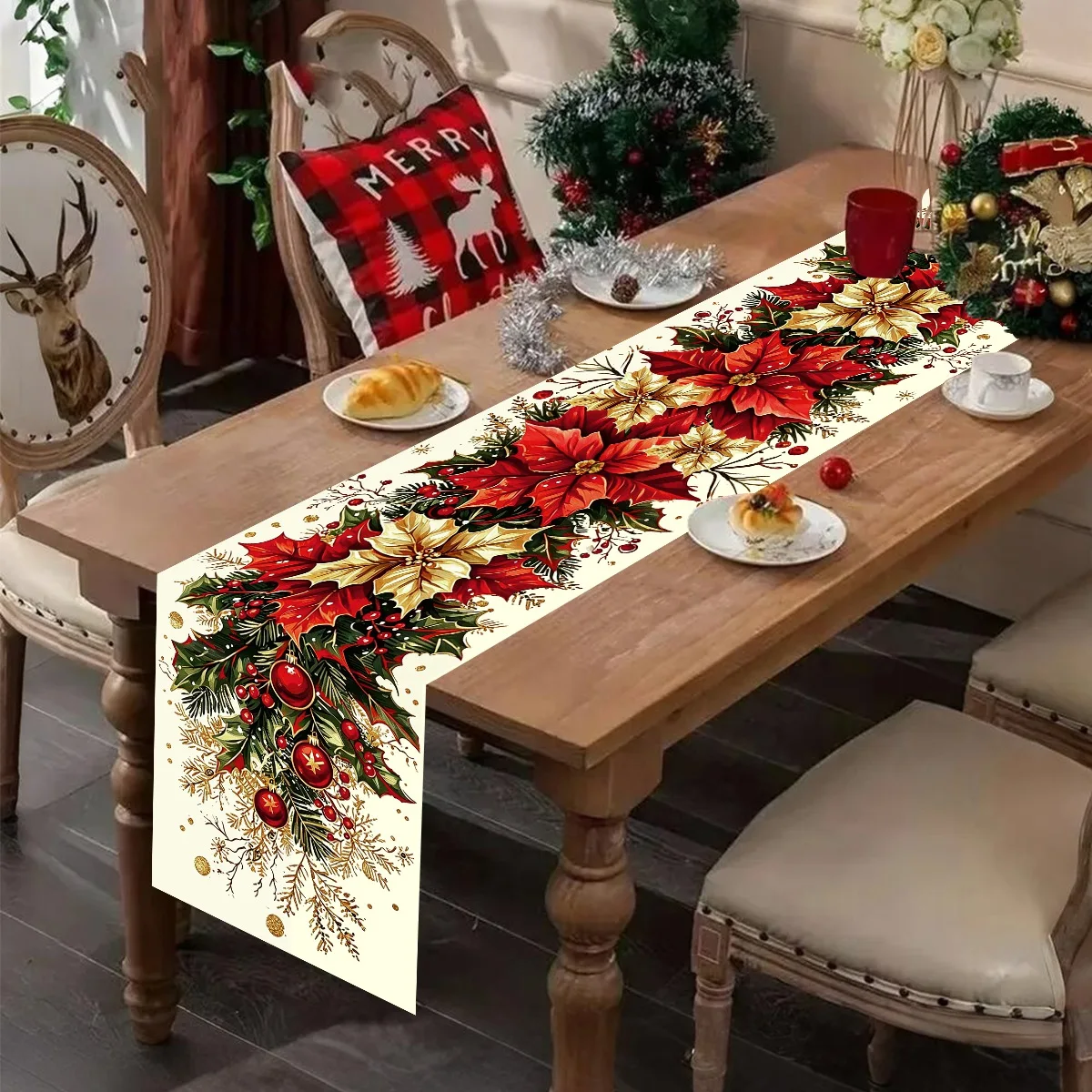 Retro Weihnachts-Tischläufer mit Weihnachtsstern- und Stechpalmen-Design aus Polyester, Festliche Partydekoration, Weihnachtsdekoration 2026 – Detail 4