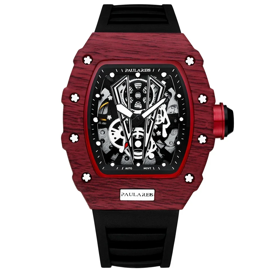 Automatic Watch for Men Mechanical Movement Skeleton Red Black Rubber Strap Richard Fashion Tonneau Reloj Hombre Baratos