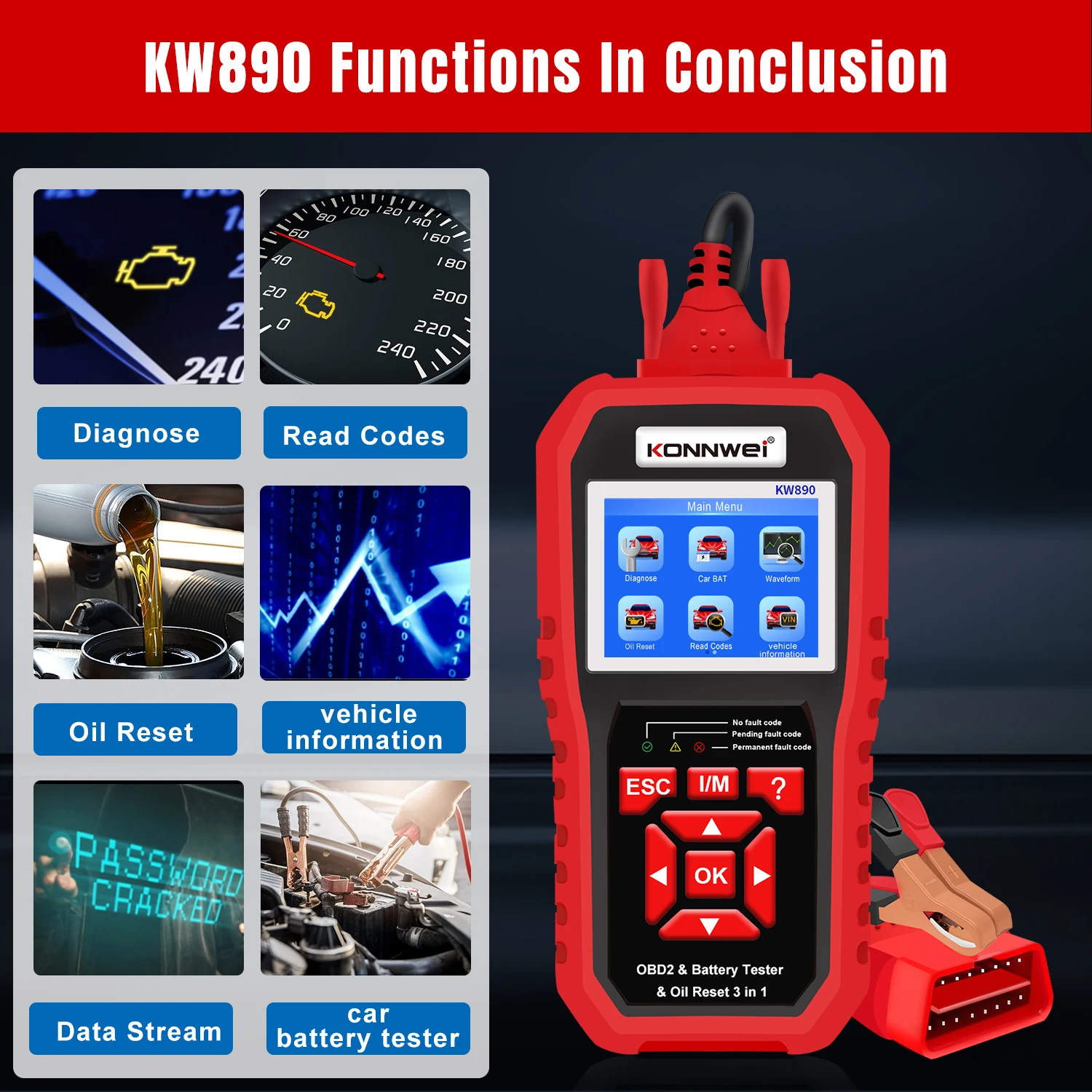 KONNWEI KW890 Oil Reset  Battery Tester OBD2 Diagnostic Scanner Tool 3 in 1 EOBD Engine Check Code Reader Diagnose Tool