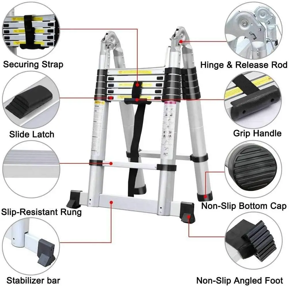 Ladder A Frame Telescopic Ladder 3.8m(1.9m+1.9m)Aluminum Telescoping Extension Ladder Multi-Purpose 150 kg/330 lbs Load Capacity