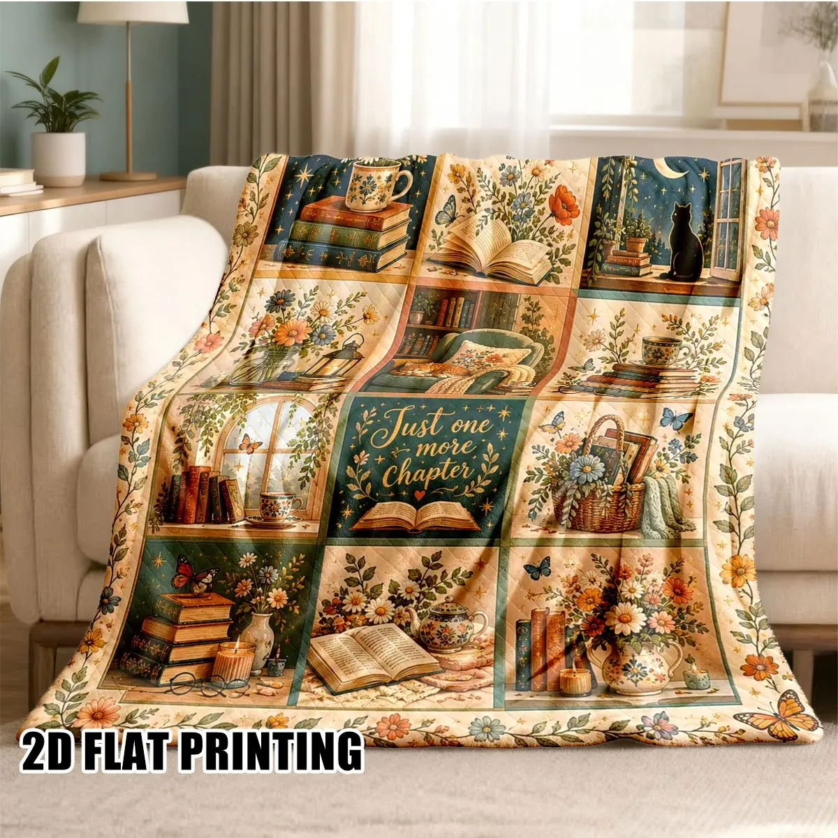 Bookish Throw Blanket Vintage Reading Floral Butterfly Patchwork Print Soft Flannel for Living Room Couch Reader Decor Gift