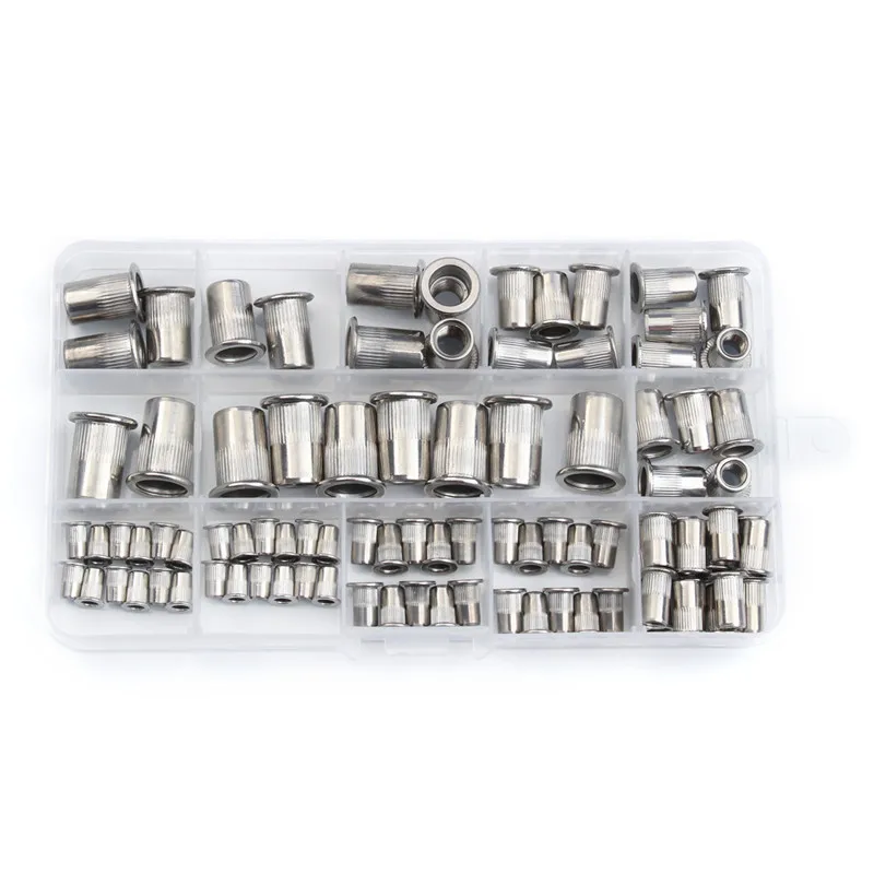 93Pcs M3 M4 M5 M6 M8 M10 Flat Head Stainless Steel Rivet Nuts Set Insert Reveting Multi Size Stainless Steel Rivet Nuts Set