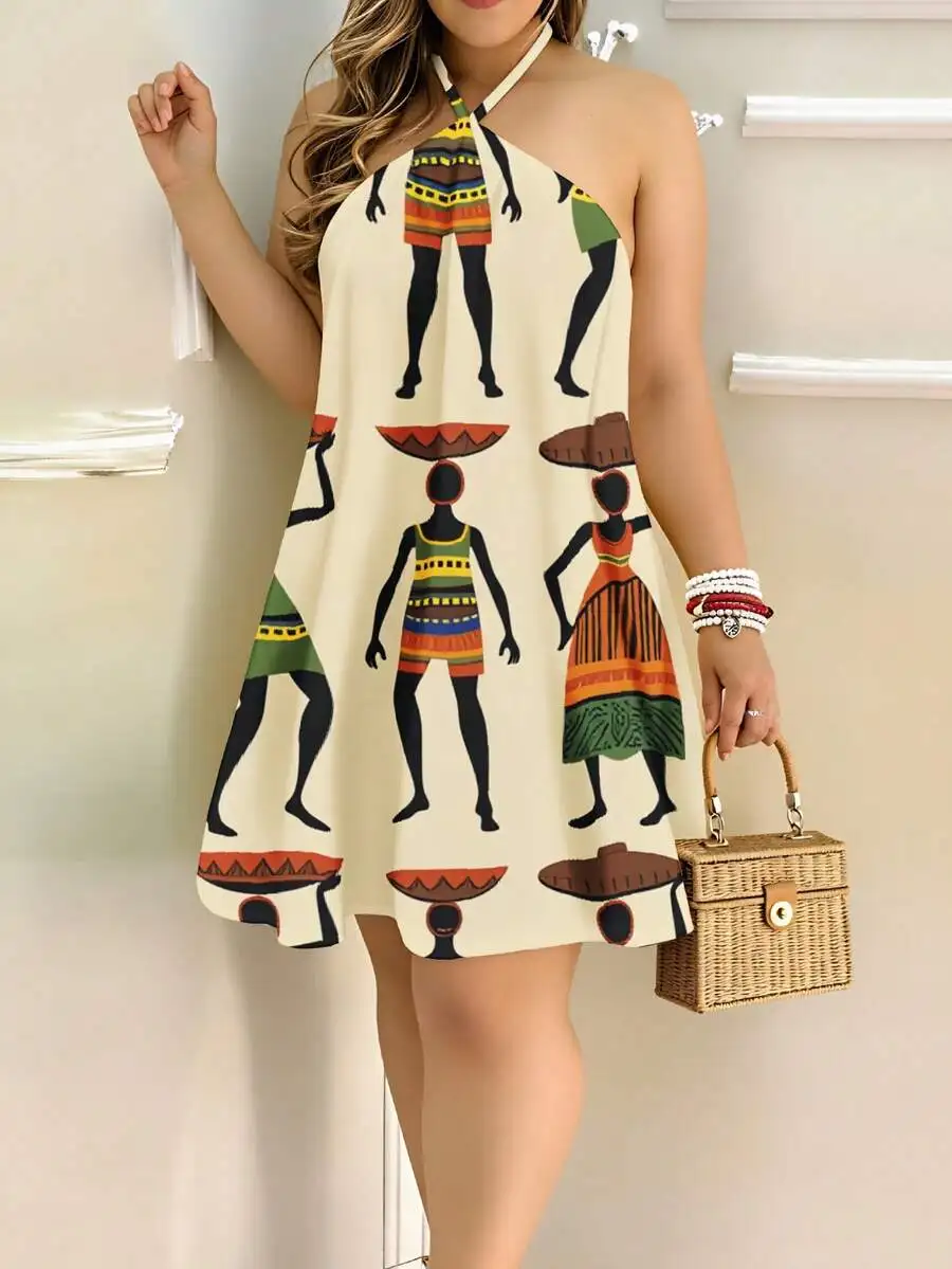 

Print Halter Neck Mini Dress With Ethnic Figure Pattern Summer Beach Dress For Women
