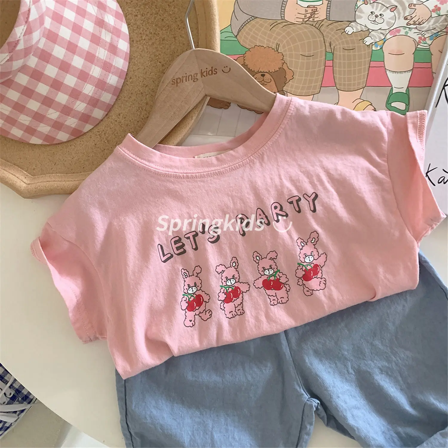 Camiseta de verano para niños, Top de algodón coreano para niños, camiseta de manga corta con estampado de conejo pequeño para niños