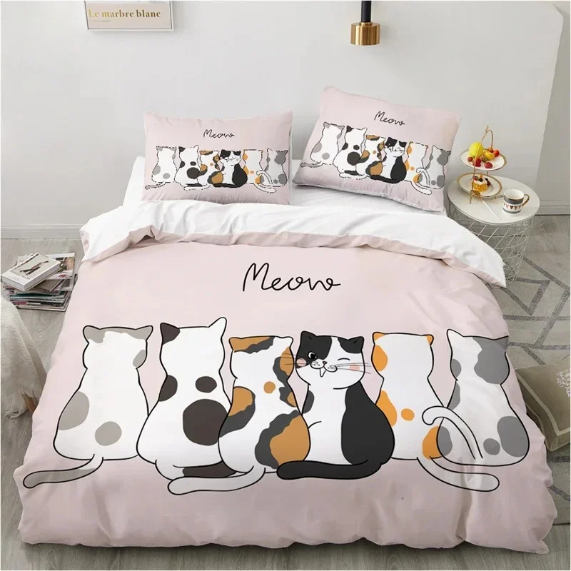 Cute Cartoon Animals Pink Toddler Bedding Set 3D Funny Cat Print Duvet Cover Twin Queen Size For Teens Kids Girls Bedroom Decor