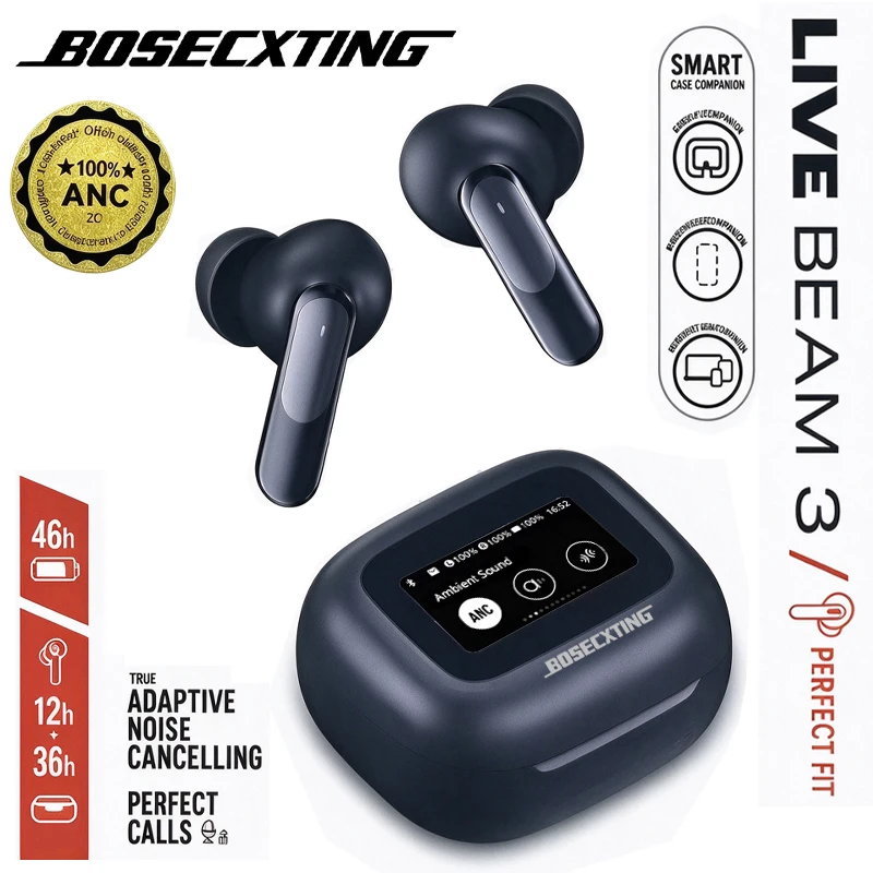 BOSECXTING Live Beam 3 Bluetooth Earphones in Ear True Wireless Noise Cancelling Sports Earbuds Smart Touch Screen Mic Headset