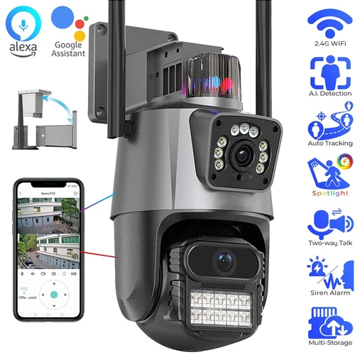 Imagen 1 del producto Cámara WiFi de 8MP para exteriores, cámara de seguridad con Zoom 8X, videovigilancia 4K, tres lentes, pantalla Dual, PTZ, ICsee, Alexa, NVR, CCTV de seguridad